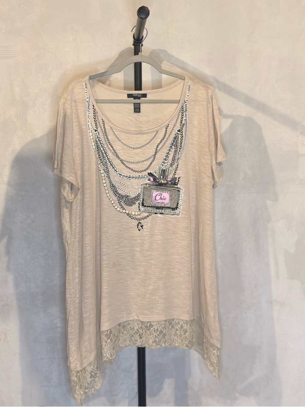 Style & Co Beige Graphic Lace-Hem Top 2X 65% Polyester 35% Rayon